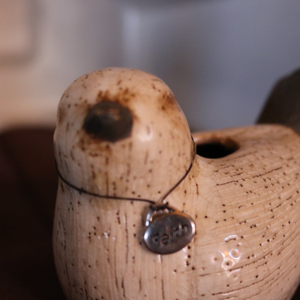 Ceramic Bird Incense Holder with a Faith Tag Around the Neck Lightly Glazed